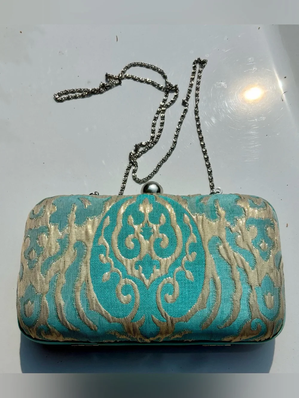 Roberta Freymann Turquoise and Gold Embossed Clutch/Chain Crossbody- Kiss lock